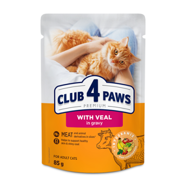CLUB 4 PAWS Премиум "С телятиной в соусе". Полнорационный консервированный корм для взрослых кошек