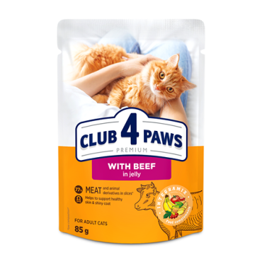 CLUB 4 PAWS ПРЕМИУМ "С ГОВЯДИНОЙ В ЖЕЛЕ". ПОЛНОРАЦИОННЫЙ КОНСЕРВИРОВАННЫЙ КОРМ ДЛЯ ВЗРОСЛЫХ КОШЕК.