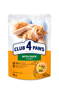 CLUB 4 PAWS ПРЕМИУМ "С УТКОЙ В СОУСЕ". ПОЛНОРАЦИОННЫЙ КОНСЕРВИРОВАННЫЙ КОРМ ДЛЯ ВЗРОСЛЫХ КОШЕК.