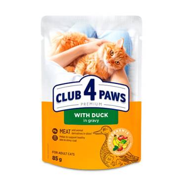 CLUB 4 PAWS ПРЕМИУМ "С УТКОЙ В СОУСЕ". ПОЛНОРАЦИОННЫЙ КОНСЕРВИРОВАННЫЙ КОРМ ДЛЯ ВЗРОСЛЫХ КОШЕК.