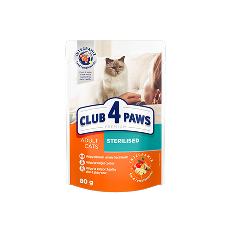 CLUB 4 PAWS Премиум "Стерилизованные". Полнорационный консервированный корм для взрослых стерилизованных кошек