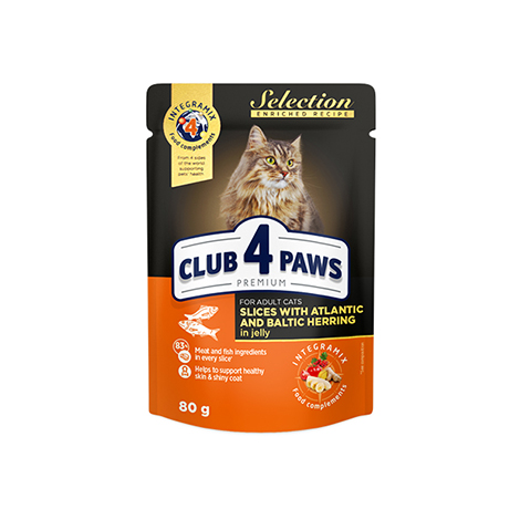 CLUB 4 PAWS ПРЕМИУМ "Кусочки с селедкой и салакой в желе" для взрослых кошек