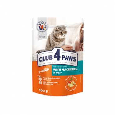 CLUB 4 PAWS Премиум "С макрелью в соусе". Полнорационный консервированный корм для взрослых кошек